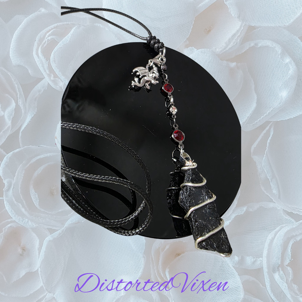 Raw Black Tourmaline "Dragon’s Protection" Necklace | Silver Wire Wrap & Dragon